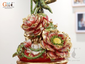 Hồ lô tài lộc men vân mây đắp nổi Bách Niên Cửu Hạc đỏ vẽ vàng 24k, cao 75cm