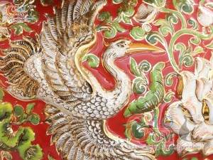 Hồ lô tài lộc men vân mây đắp nổi Bách Niên Cửu Hạc đỏ vẽ vàng 24k, cao 75cm