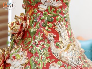 Hồ lô tài lộc men vân mây đắp nổi Bách Niên Cửu Hạc đỏ vẽ vàng 24k, cao 75cm