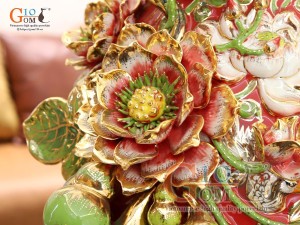 Hồ lô tài lộc men vân mây đắp nổi Bách Niên Cửu Hạc đỏ vẽ vàng 24k, cao 75cm