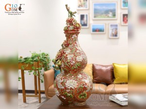 Hồ lô tài lộc men vân mây đắp nổi Bách Niên Cửu Hạc đỏ vẽ vàng 24k, cao 75cm