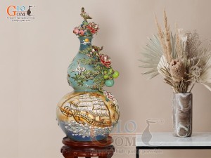 Hồ lô tài lộc men vân mây đắp nổi Thuận Buồm Xuôi Gió vẽ vàng 24k, cao 75cm (màu vàng)