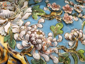 Hồ lô tài lộc men vân mây đắp nổi Thuận Buồm Xuôi Gió vẽ vàng 24k, cao 75cm (màu xanh loang)