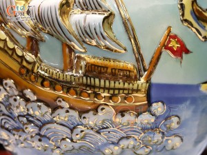 Hồ lô tài lộc men vân mây đắp nổi Thuận Buồm Xuôi Gió vẽ vàng 24k, cao 75cm (màu xanh loang)