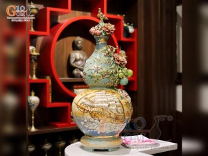 Hồ lô tài lộc men vân mây đắp nổi Thuận Buồm Xuôi Gió vẽ vàng 24k, cao 75cm (màu vàng)