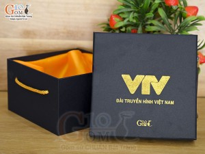 Hộp xi lót lụa VTV đựng cốc capu màu xanh đen
