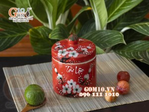 Hũ cà mini men màu đỏ vẽ hoa mai Tài Lộc, đường kính 12cm