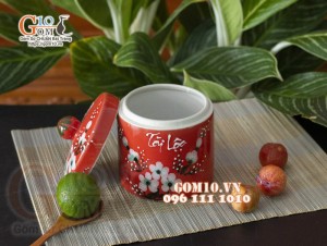 Hũ cà mini men màu đỏ vẽ hoa mai Tài Lộc, đường kính 12cm