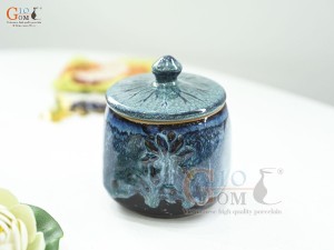 Hũ có nắp men cẩm thạch đắp nổi hoa Sen, cao 12cm