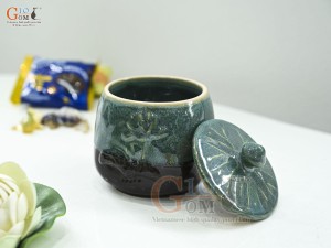 Hũ có nắp men hỏa biến đắp nổi hoa Sen, cao 12cm
