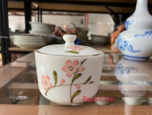 Hũ có nắp men kem vẽ hoa Anh Đào, 9.5cm