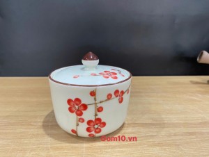 Hũ có nắp men kem vẽ hoa đào đỏ, 9,5cm
