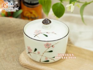 Hũ có nắp men kem vẽ hoa Đào phai, 9,5cm