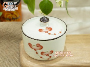 Hũ có nắp men kem vẽ hoa Hải Đường, 9,5cm