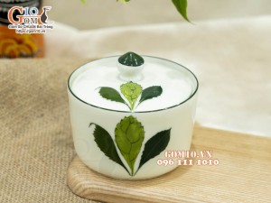 Hũ có nắp men kem vẽ Ngò gai, 9,5cm