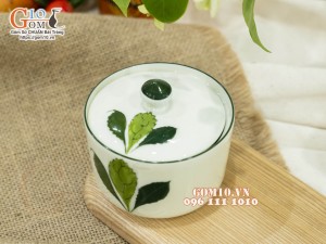 Hũ có nắp men kem vẽ Ngò gai, 9,5cm