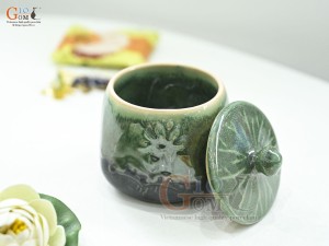 Hũ có nắp men thiên thanh đắp nổi hoa Sen, cao 12cm
