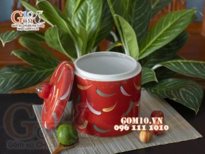 Hũ dưa đỏ men màu vẽ hoạ tiết ớt, đường kính 14cm