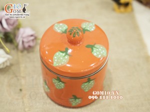 Hũ dưa men màu cam vẽ dâu tây, đường kính 12cm