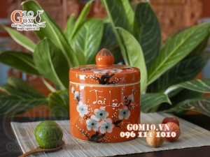 Hũ dưa men màu cam vẽ hoa Tài Lộc, đường kính 14cm