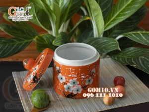 Hũ dưa men màu cam vẽ hoa Tài Lộc, đường kính 14cm