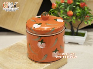 Hũ dưa men màu cam vẽ hoạ tiết đào ớt, đường kính 14cm