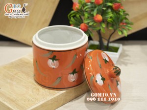 Hũ dưa men màu cam vẽ hoạ tiết đào ớt, đường kính 14cm