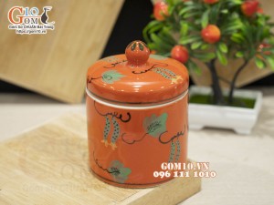 Hũ dưa men màu cam vẽ hoạ tiết nho xanh, đường kính 12cm