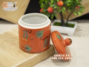Hũ dưa men màu cam vẽ hoạ tiết nho xanh, đường kính 12cm