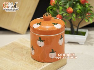 Hũ dưa men màu cam vẽ hoạ tiết quả đào, đường kính 12cm
