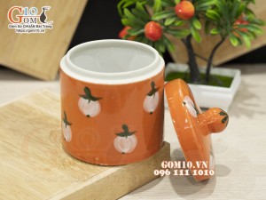 Hũ dưa men màu cam vẽ hoạ tiết quả đào, đường kính 12cm