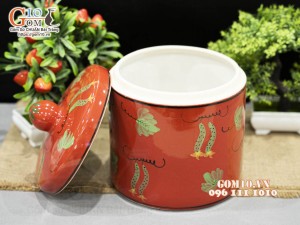 Hũ dưa men màu đỏ vẽ hoạ tiết nho xanh, đường kính 19cm