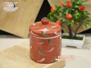 Hũ dưa men màu đỏ vẽ hoạ tiết ớt, đường kính 12cm