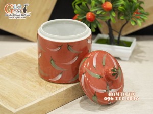 Hũ dưa men màu đỏ vẽ hoạ tiết ớt, đường kính 12cm