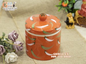 Hũ dưa men màu cam vẽ hoạ tiết ớt, đường kính 14cm
