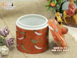 Hũ dưa men màu cam vẽ hoạ tiết ớt, đường kính 14cm