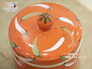 Hũ dưa men màu cam vẽ hoạ tiết ớt, đường kính 14cm