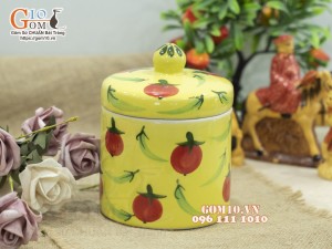 Hũ dưa men màu vàng vẽ cà chua, đường kính 12cm