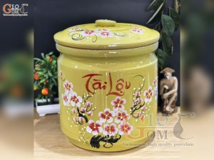 Hũ dưa men màu vẽ hoa Tài Lộc màu vàng, cao 40cm