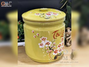 Hũ dưa men màu vẽ hoa Tài Lộc màu vàng, cao 40cm