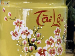 Hũ dưa men màu vẽ hoa Tài Lộc màu vàng, cao 40cm