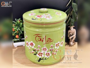 Hũ dưa men màu vẽ hoa Tài Lộc màu xanh, cao 25cm