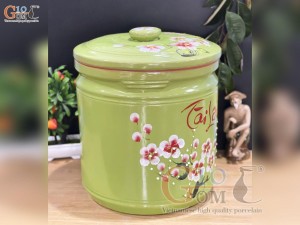Hũ dưa men màu vẽ hoa Tài Lộc màu xanh, cao 25cm