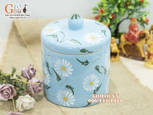 Hũ dưa men màu xanh vẽ hoa, đường kính 20cm