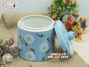 Hũ dưa men màu xanh vẽ hoa, đường kính 20cm