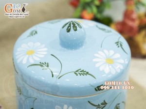 Hũ dưa men màu xanh vẽ hoa, đường kính 20cm