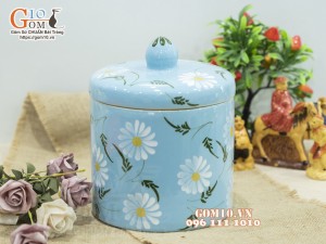 Hũ dưa men màu xanh vẽ hoa, đường kính 19cm
