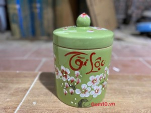 Hũ dưa men màu xanh vẽ hoa Tài Lộc, đường kính 17cm