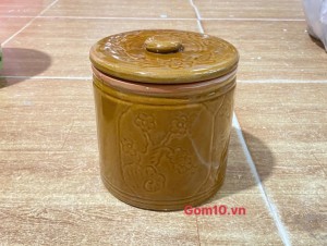 Hũ dưa men nâu khắc hoa, đường kính 18cm