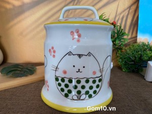 Hũ dưa men trắng vẽ mèo, dung tích 2.7 lít